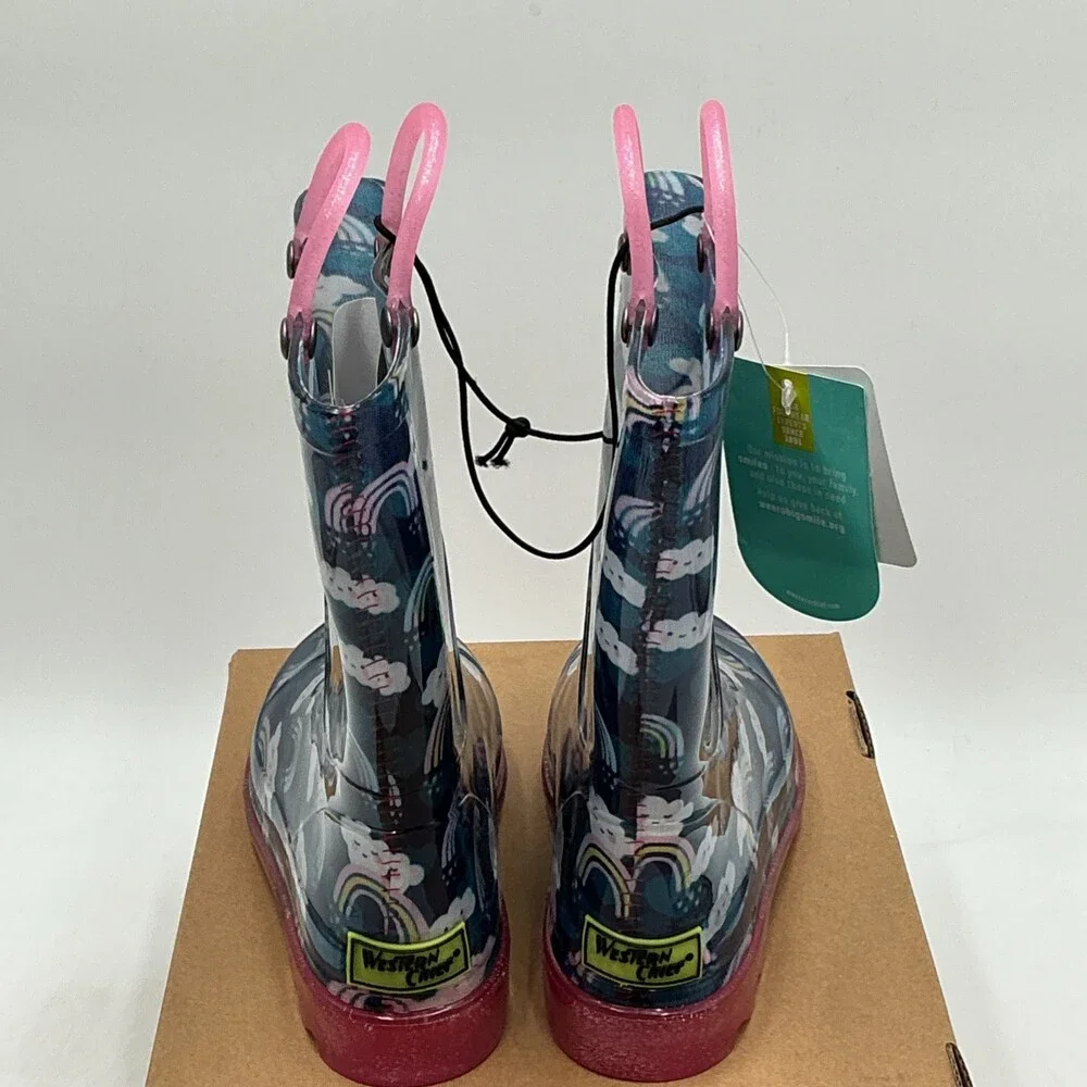 Western Chief Rainbow Shower Lighted Rain Boots Kids 12 Navy Waterproof Eby4449